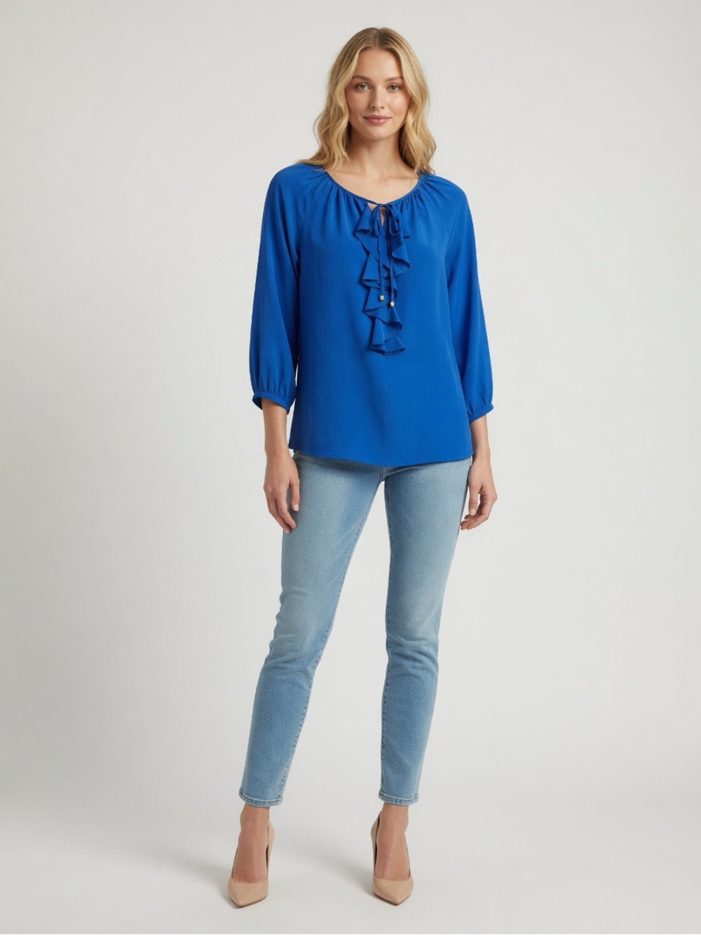 Super Cute 🤩 Ruffle Tie-Neck Blouse in Cobalt Blue